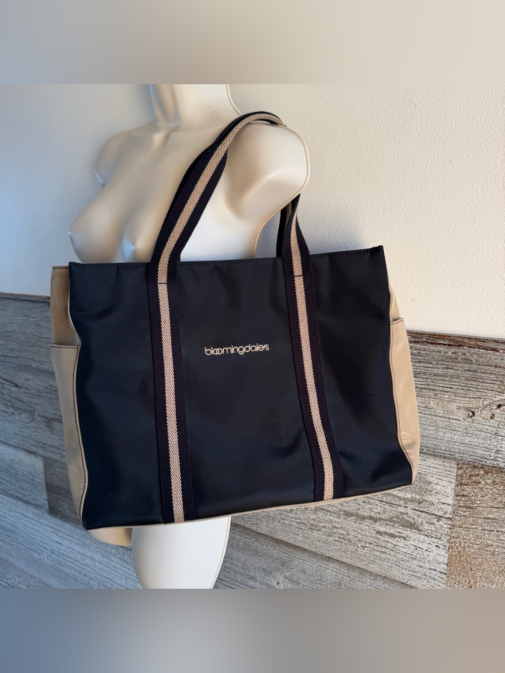 Vintage Bloomingdale’s Wathne Black Tan Nylon Tote Bag Striped